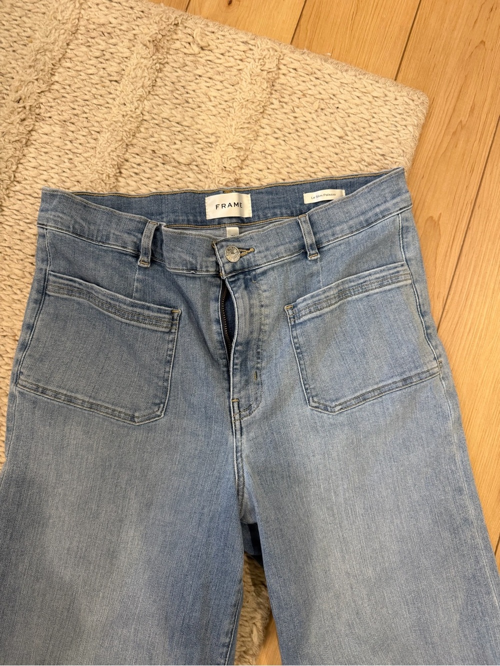 Frame Denim Faded Blue High-Rise Jeans with Front Patch Pockets